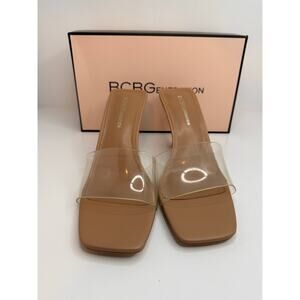 BCBG Generation Maxari Heeled Sandals • 8M (38.5) • Clear Strap / Tan Nude Heel